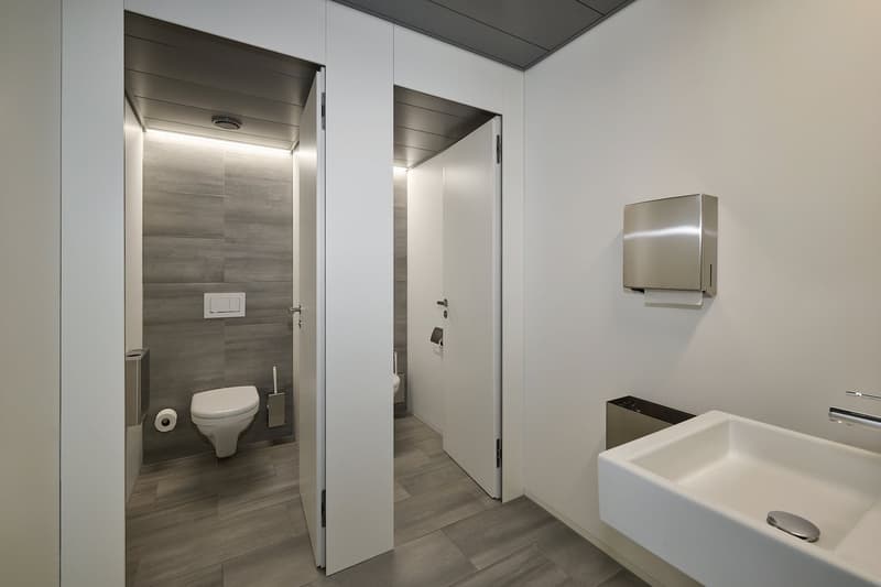modern bathroom with white walls, gray floor, white toilet, sink, tissue holder, door