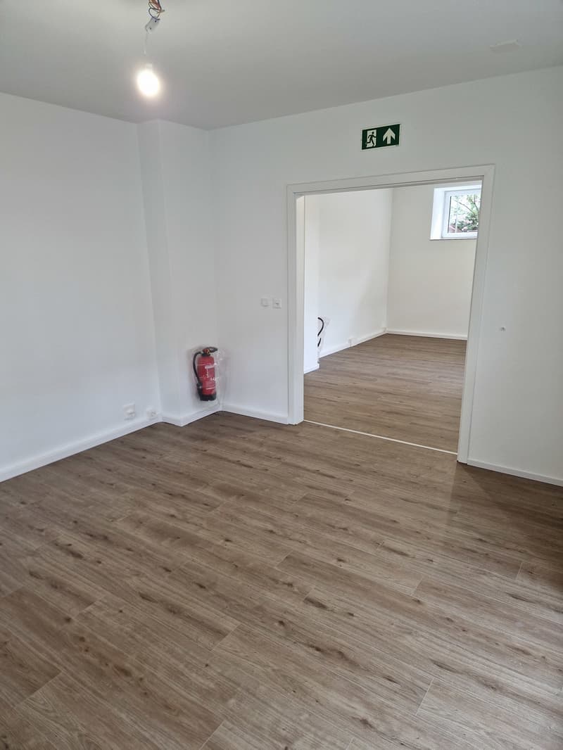 empty room, wooden floor, white walls, fire extinguisher, light