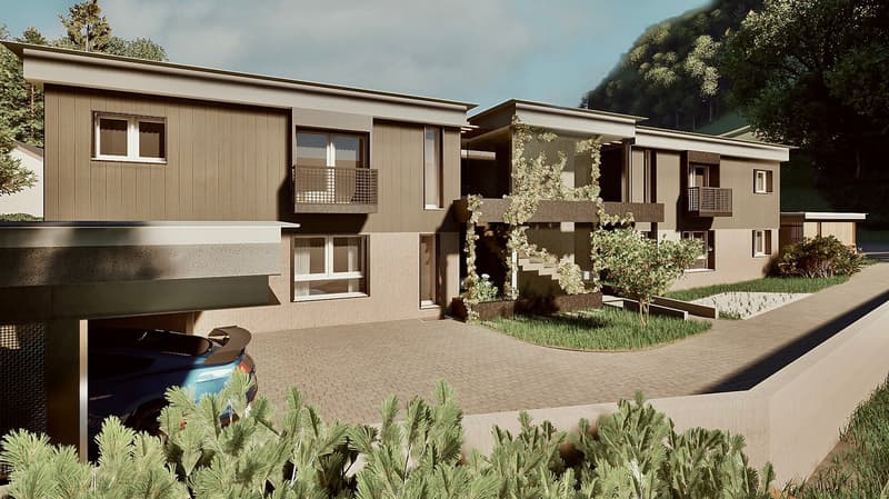 Multi-story modern residential building with a mix of wood and concrete exterior, large windows, balconies, and a paved driveway with parking space in the front yard. The building is surrounded by lush greenery and trees.