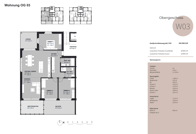 The floor plan shows a 3-bedroom apartment with a living room, kitchen, 2 bathrooms, a balcony, and a winter garden. The apartment has a total area of 95 square meters and includes optional features such as an additional parking space.