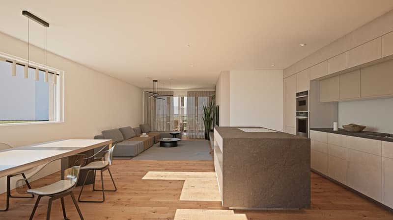 Spacious open-plan living area with hardwood floors, large windows, a modern kitchen with a stone island countertop, and a balcony or terrace visible through the curtains.