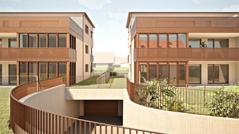 Two-story apartment building with brick and glass facade, balconies, and a curved walkway leading to the entrance.