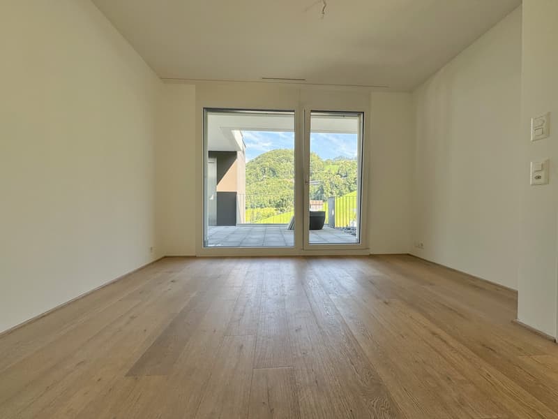 empty room, wooden floor, large glass sliding doors, balcony