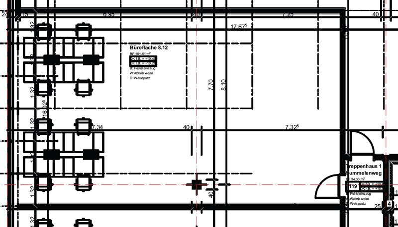 A floor plan of a building with multiple rooms, corridors, dimensions, labels for floor space and dimensions