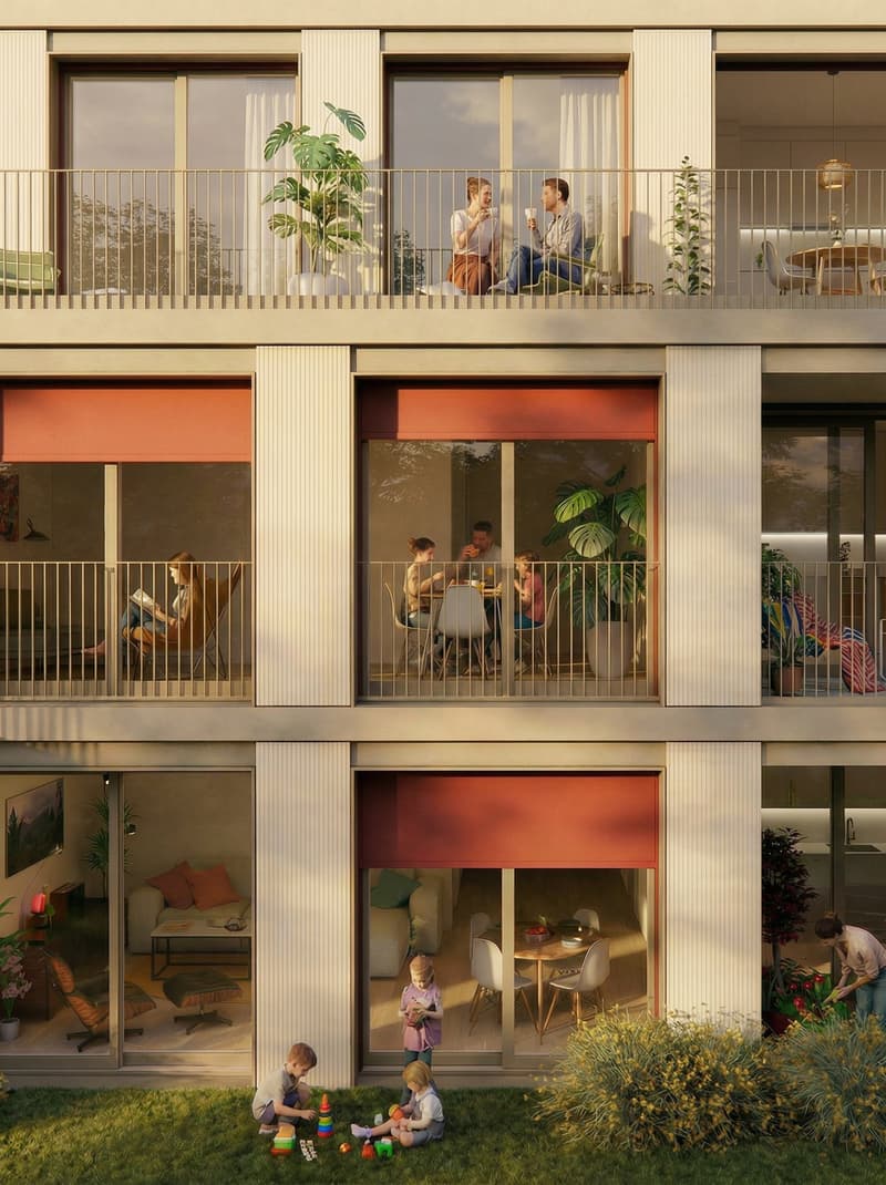 Multistory apartment building, large windows, balconies, indoor seating, garden, people relaxing.