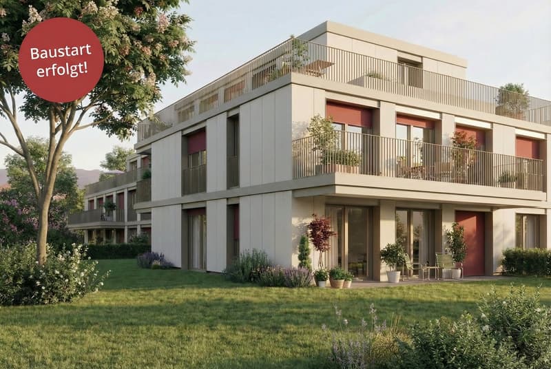 Modern white two-story apartment building, balcony, landscaped garden, large windows, front yard with plants