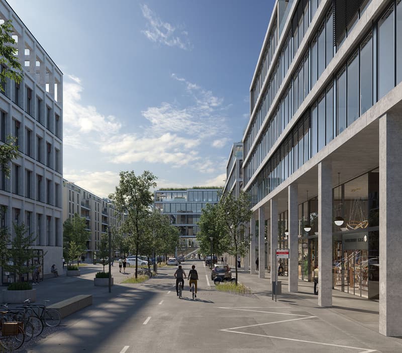 modern building, glass windows, concrete pillars, trees, bicycles, people walking, cars parked