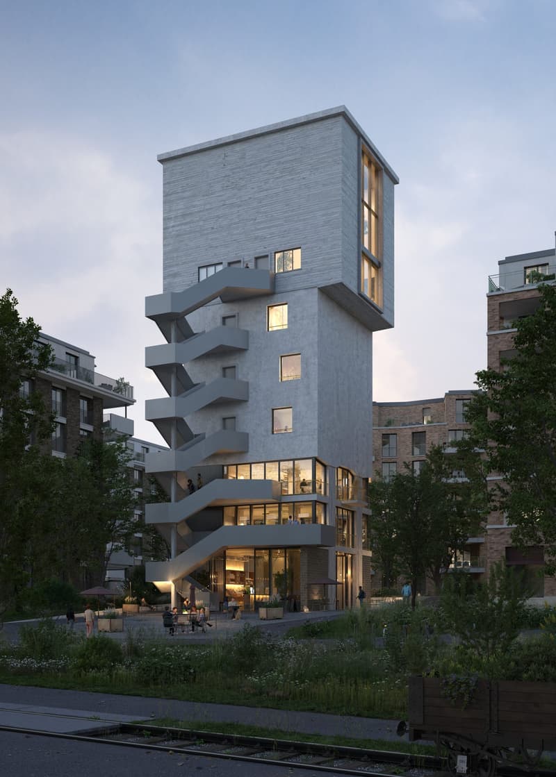 modern design, multiple floors, exterior staircase, large windows, ground floor with entrance, balconies on upper floors
