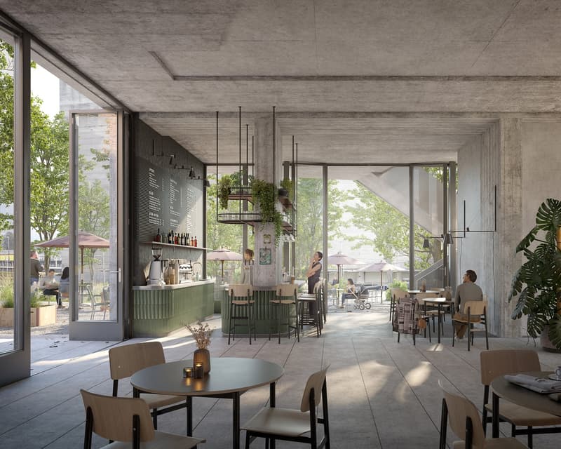 modern design, large windows, open space, tables and chairs, bar counter, plants, umbrellas