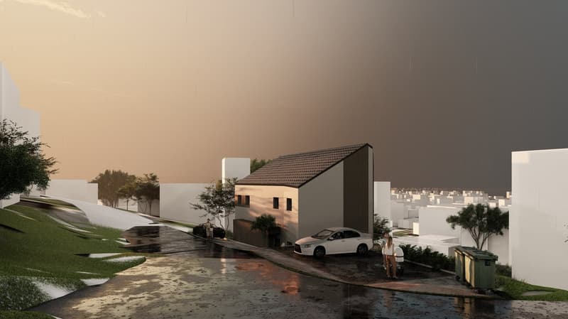 The image depicts a residential neighborhood with a two-story house, cars parked in the driveway, and a paved road leading through the area. The surroundings include trees, greenery, and a hazy, overcast sky in the background.