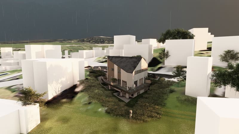 A modern, multi-story residential building with a sloped roof, surrounded by a grassy landscape and other white, geometric structures. The building appears to have balconies or terraces on some floors.