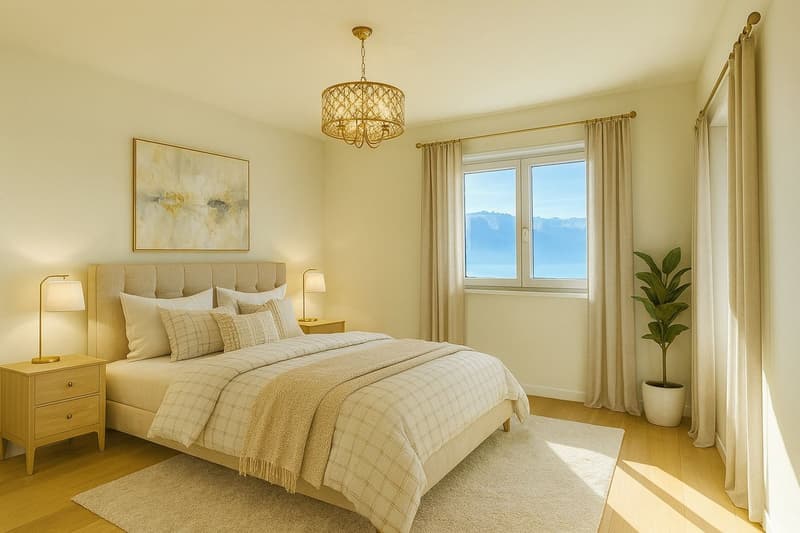 Large bed, two nightstands, lamps, painting, window with curtain, rug, potted plant