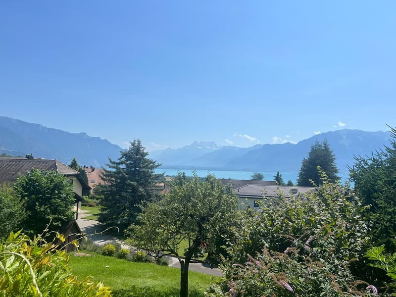 The image shows a scenic view of a lakeside town surrounded by mountains. The scene features lush greenery, including trees and a well-manicured lawn, with buildings and homes visible in the background. The lake and distant mountain peaks create a picture