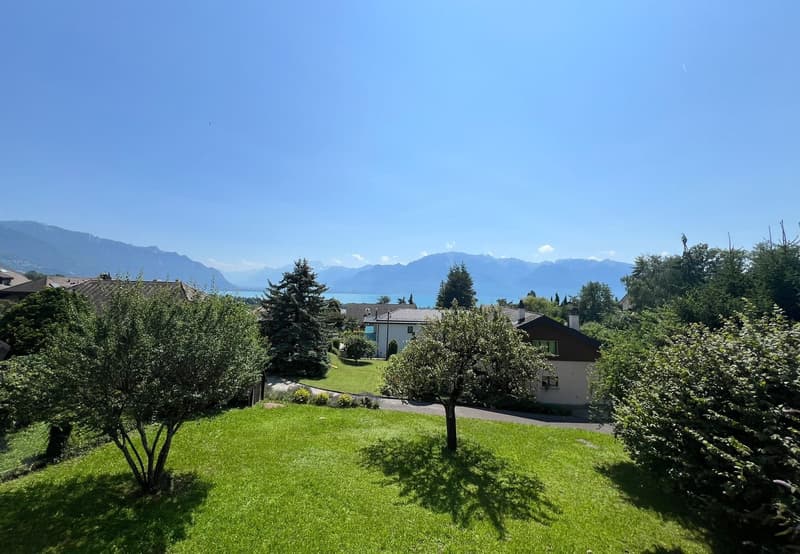 The image shows a scenic view of a residential area surrounded by lush greenery and mountains in the background. The landscape features a well-manicured lawn with trees and shrubs, and the buildings in the distance appear to be houses or apartments. The c