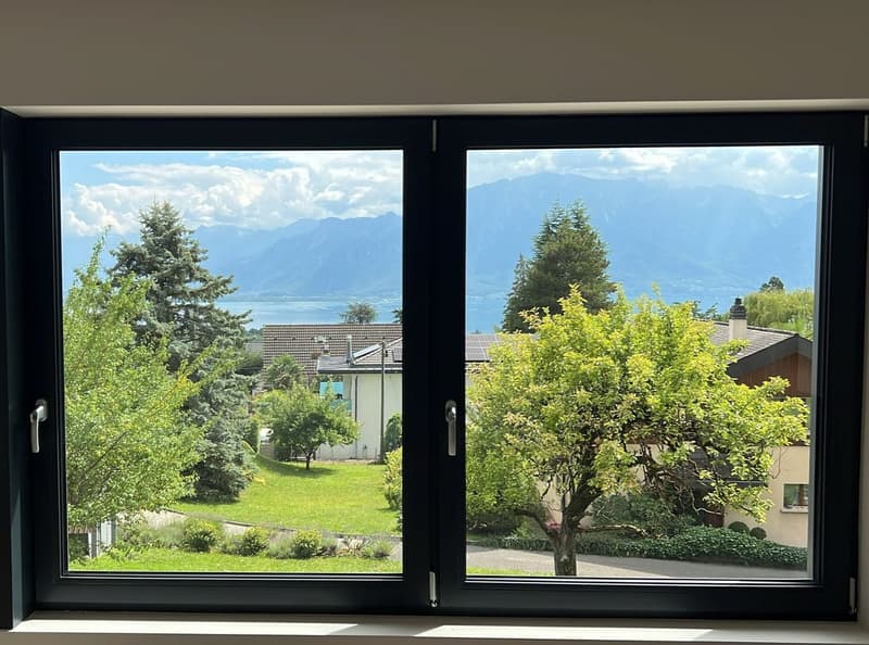 large double window, view of mountains and landscape, greenery, trees, plants, houses in background