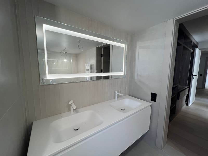A modern bathroom featuring two sinks, a large mirror with lighting, a towel rack, and a walk-in closet