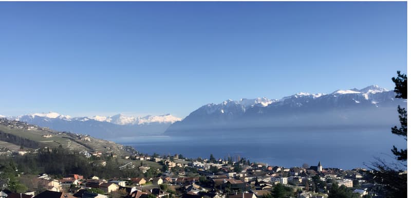 Panoramic view of a scenic mountain landscape with a lake and a small town nestled in the valley below. The image shows snow-capped peaks in the distance, surrounded by lush green hills and a clear blue sky.