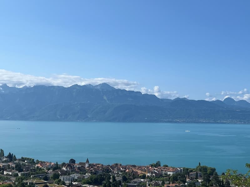 The image shows a picturesque landscape with a large body of water, likely a lake or bay, surrounded by mountains. The water appears to be a vibrant turquoise color, and the mountains in the background have a hazy, blue-gray appearance. In the foreground,