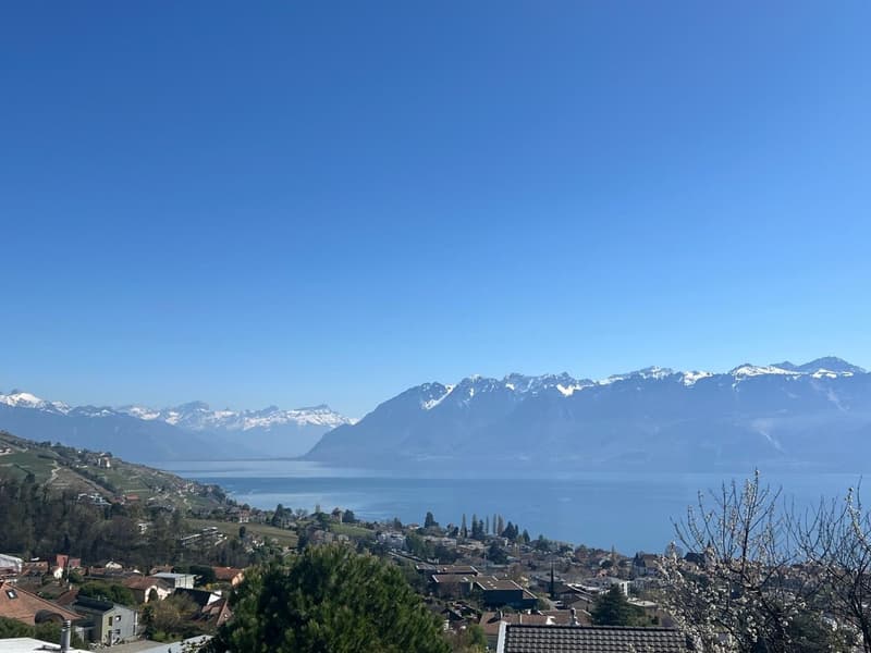 The image shows a scenic view of a lakeside town surrounded by snow-capped mountains. The town is situated on the shore of a large blue lake, with lush greenery and buildings visible in the foreground. The background is dominated by the majestic mountain