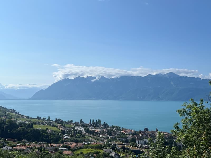 The image shows a picturesque landscape with a large lake surrounded by mountains. In the foreground, there is a small town or village nestled among the trees and greenery. The sky is clear and blue, with some clouds visible. The overall scene is serene a