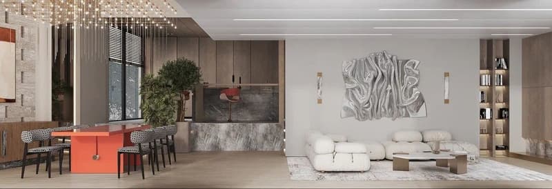 Spacious open-concept living and dining area with modern decor. Features a large chandelier, marble fireplace, built-in shelving, and a dining table with patterned chairs. The living room has a white sectional sofa and a large abstract artwork on the wall