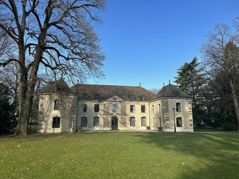 Large white house with brown roof, many windows, surrounded by trees and grass