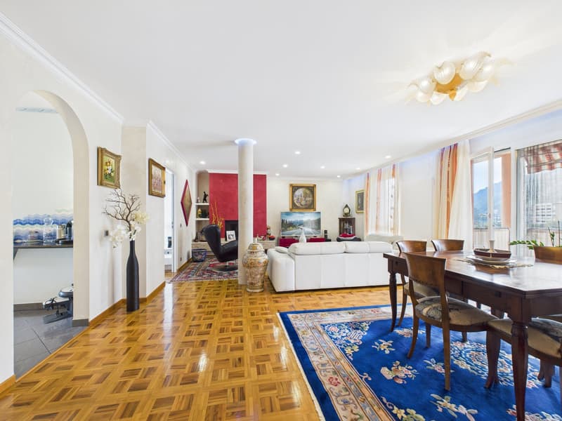 living room with wooden floor, white walls, white sofa, dining table, blue rug, chandelier, paintings, fireplace, windows with curtains