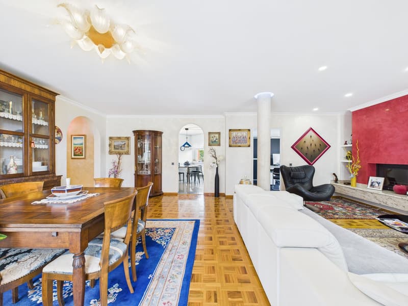 wooden dining table, chairs, blue rug, white sofa, fireplace, wooden cabinet, glass cabinet, picture frames, chandelier