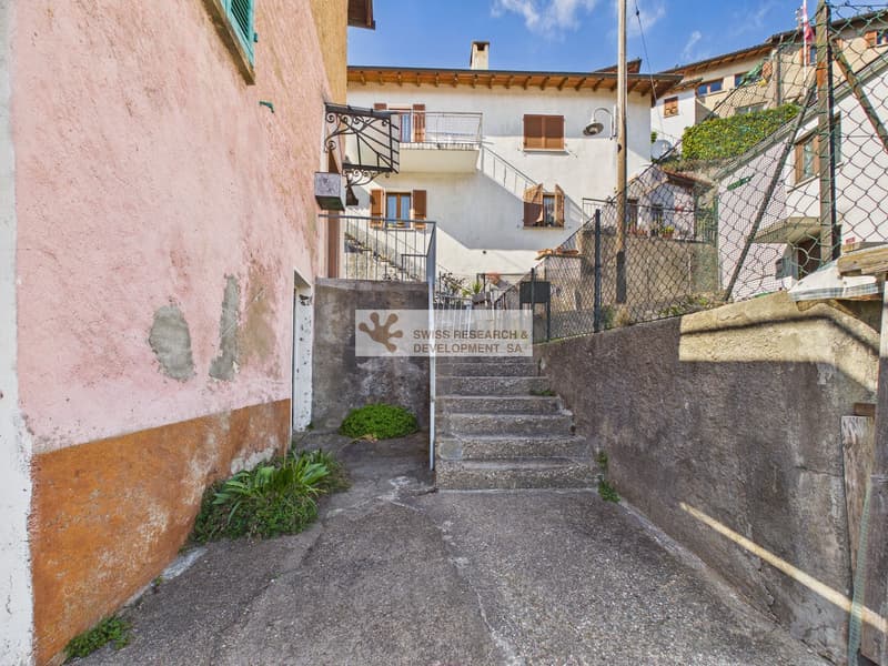 steep stairs leading to a raised ground floor, pink and brown walls, concrete steps, metal fence, plants