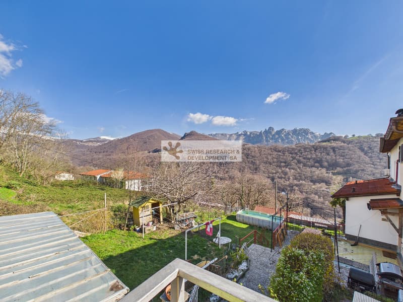 Garden with a view of the mountains, a small pool, a shed, and a grassy area.