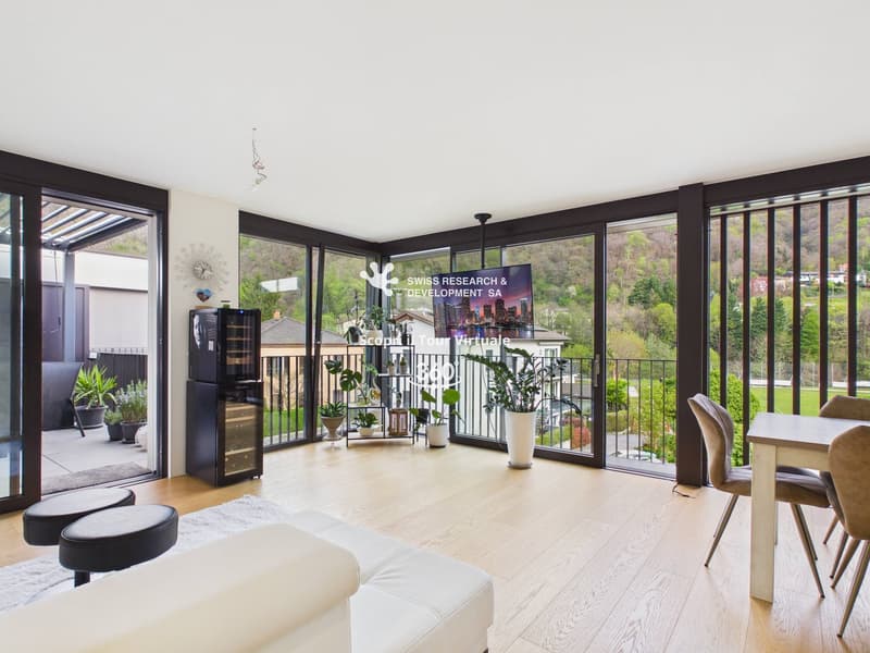 modern living room with large windows, balcony, wooden floor, white sofa, dining table, TV, plants