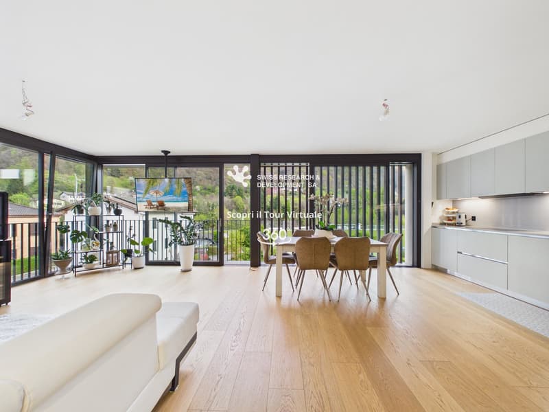 open plan living and dining area, large windows, balcony, wooden floor, dining table, modern kitchen, plants
