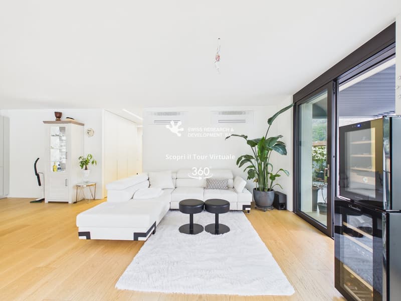 modern living room, white sofa, white rug, black stools, white walls, wooden floor, glass doors, plants, wine cooler