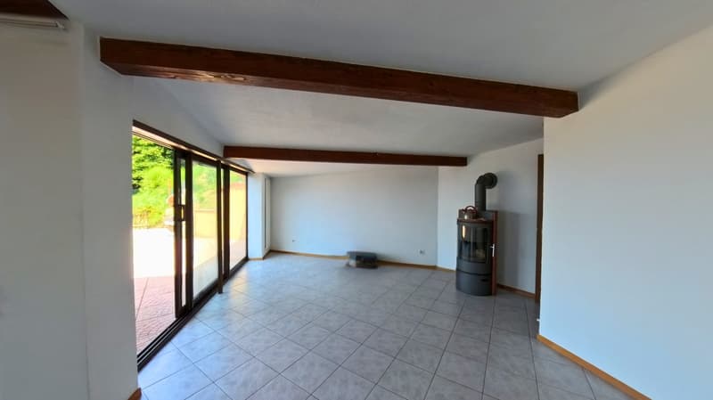 empty room, white walls, tiled floor, fireplace, sliding glass door