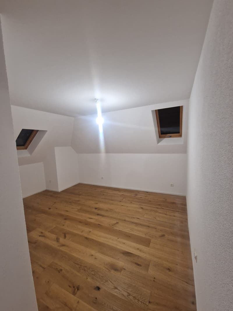 Large room, hardwood floors, white walls, ceiling lights, two windows on the slanted roof