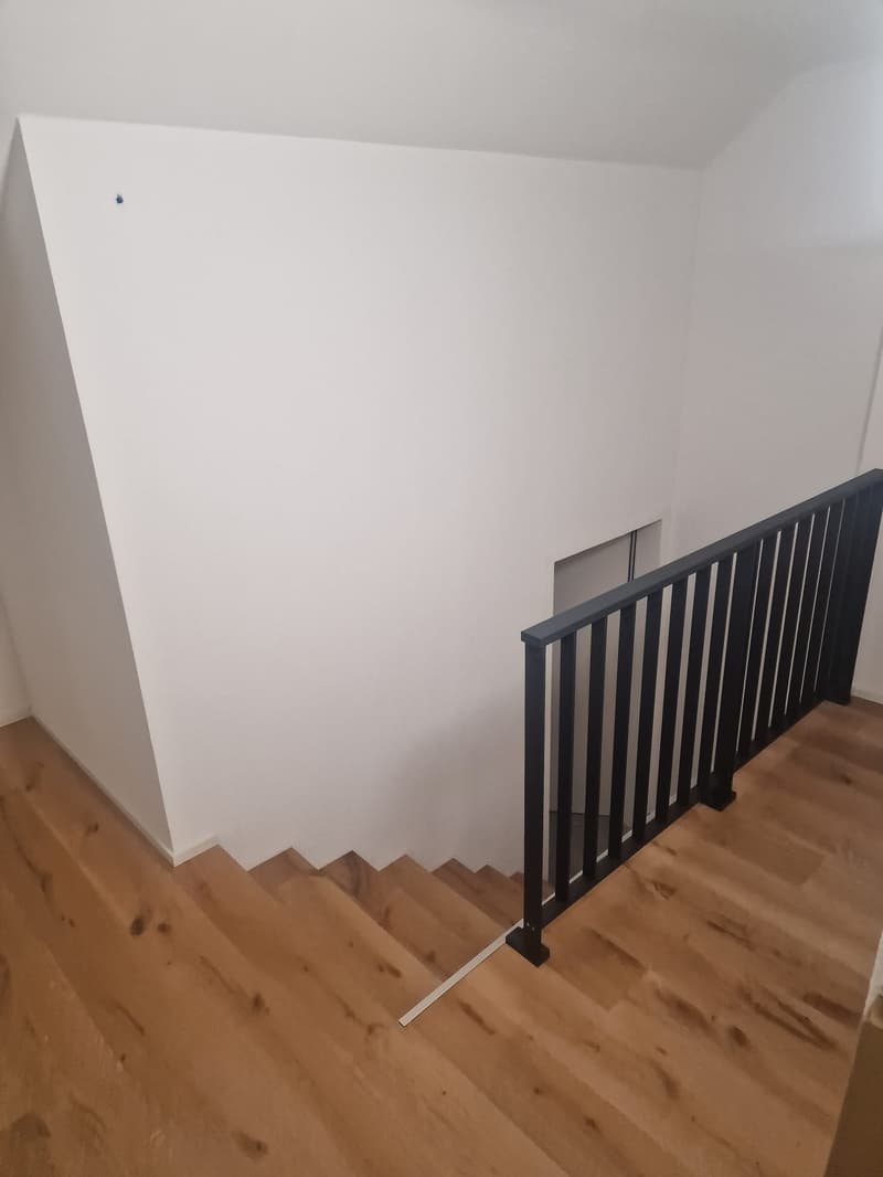 wooden steps, white walls, black railing, slanting angle