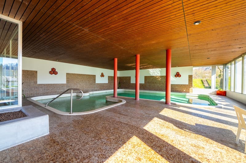 Grosszügiges Hallenbad mit Aufenthaltsbereich im Haus 12