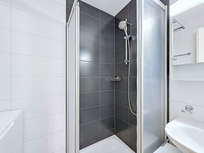 Bathroom with white and black tiles, shower with glass door, sink, mirror, and towel rack