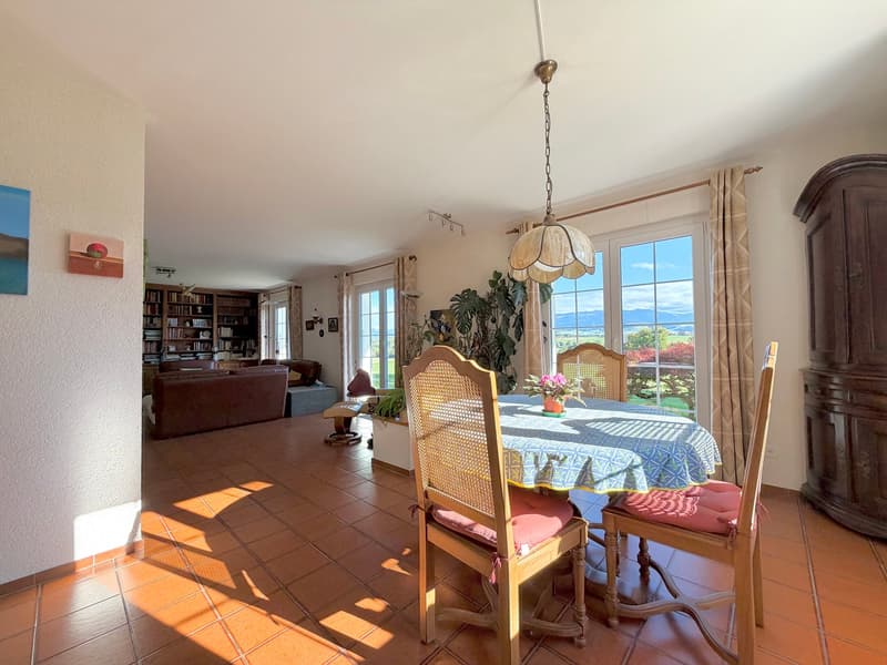 dining table with chairs, light fixture, bookshelf, couch, window with curtains, view of the mountains, floor and walls