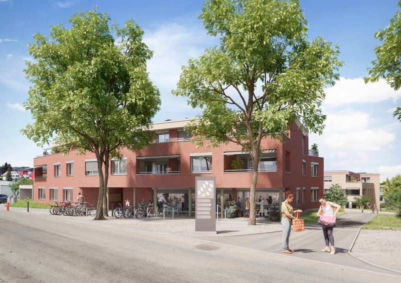 Sicht von der Schachenstrasse - Im Erdgeschoss mit Gewerbeflächen