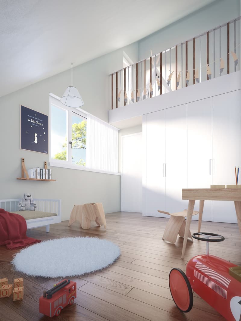 A child's room with a bed, toys, a desk, a chair, a rug, and a bookshelf with books.