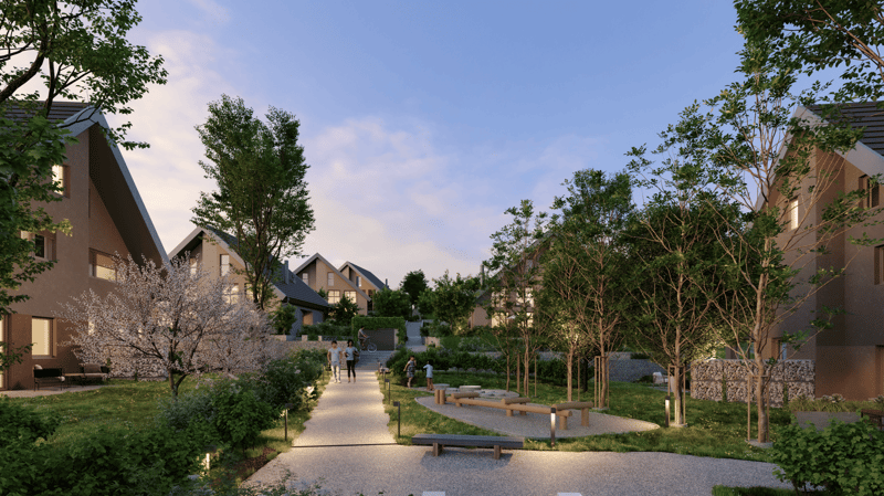 Pathway, benches, trees, plants, houses, people walking, bicycles, evening light