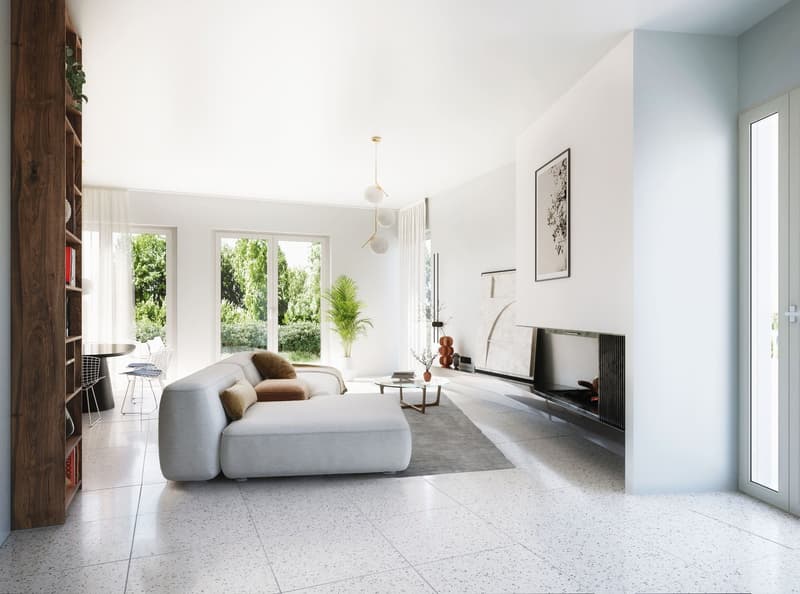 large white sofa, glass coffee table, fireplace
