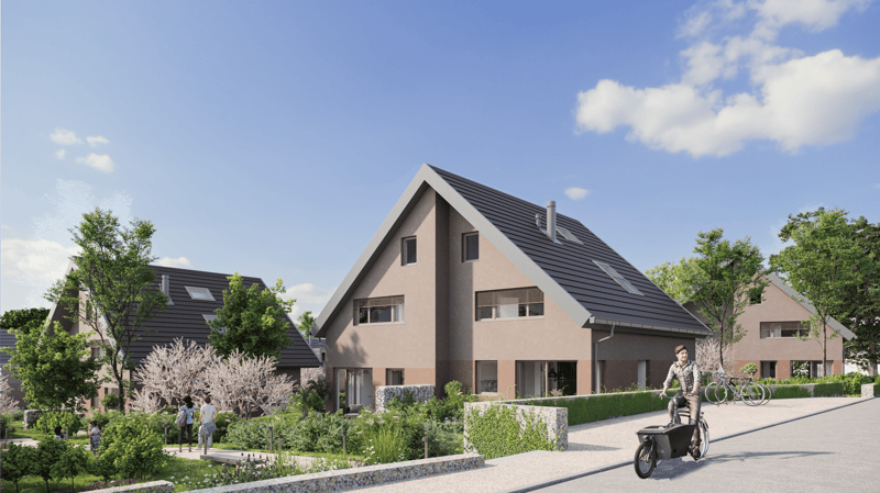 3 story house, raised ground floor, brown exterior, gray roof, garden, bicycles