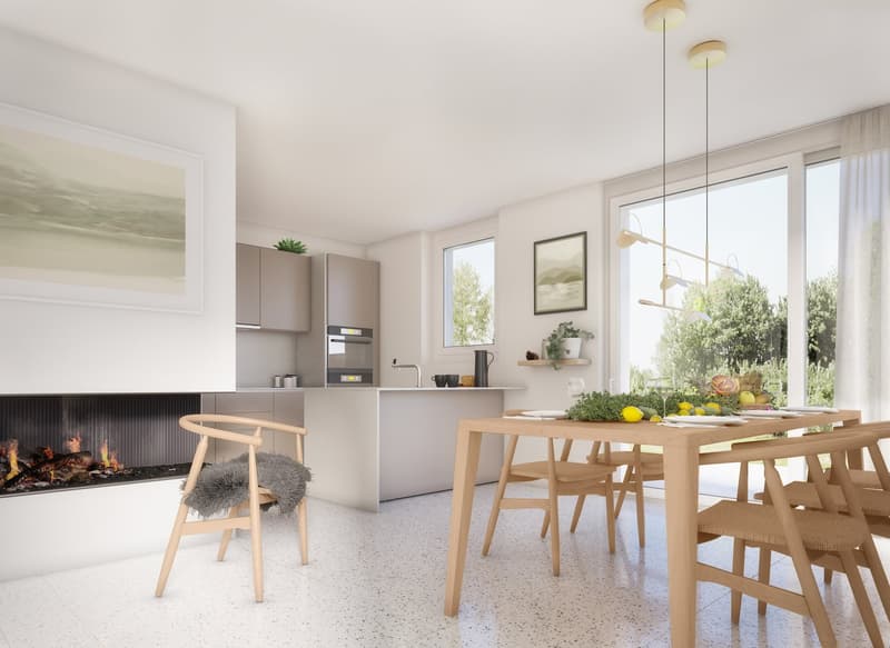 modern kitchen with fireplace, dining area with table and chairs, wooden floor, white walls, large windows