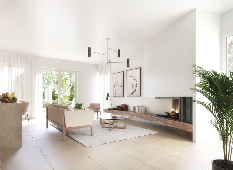 white walls, beige tiled floor, modern fireplace, wooden furniture, glass table, lamps, armchairs, bookcase