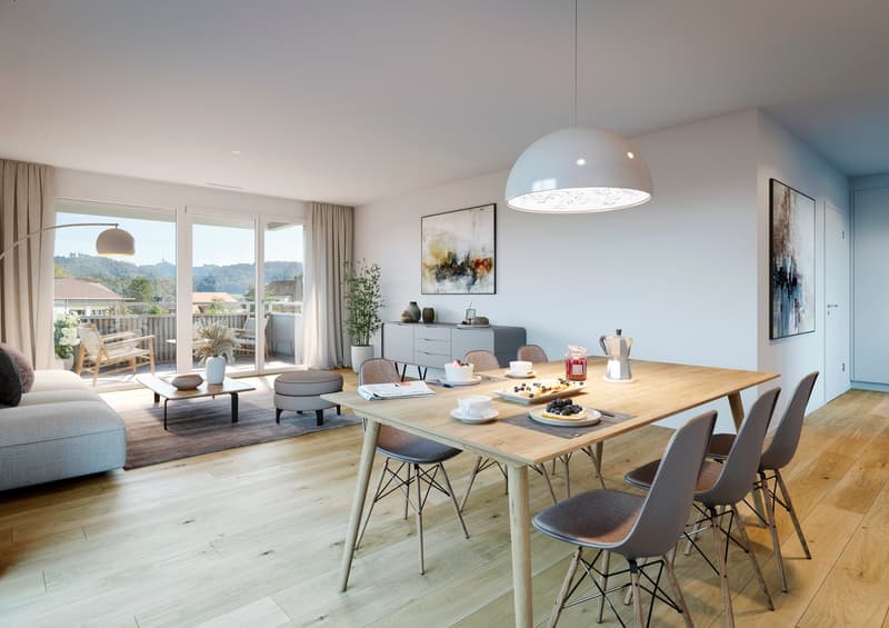 Dining room with wooden table, chairs, and a view of the balcony and mountains