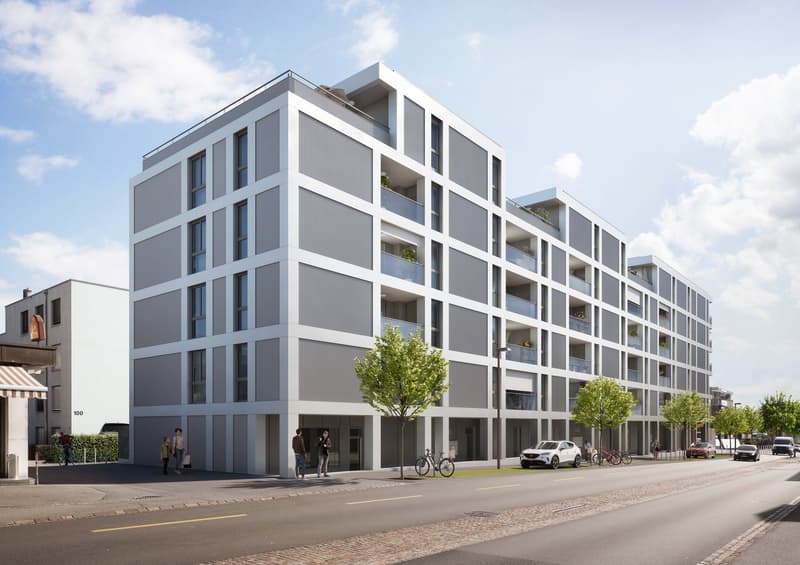 Modern apartment building with multiple balconies, white exterior, multiple floors, street view