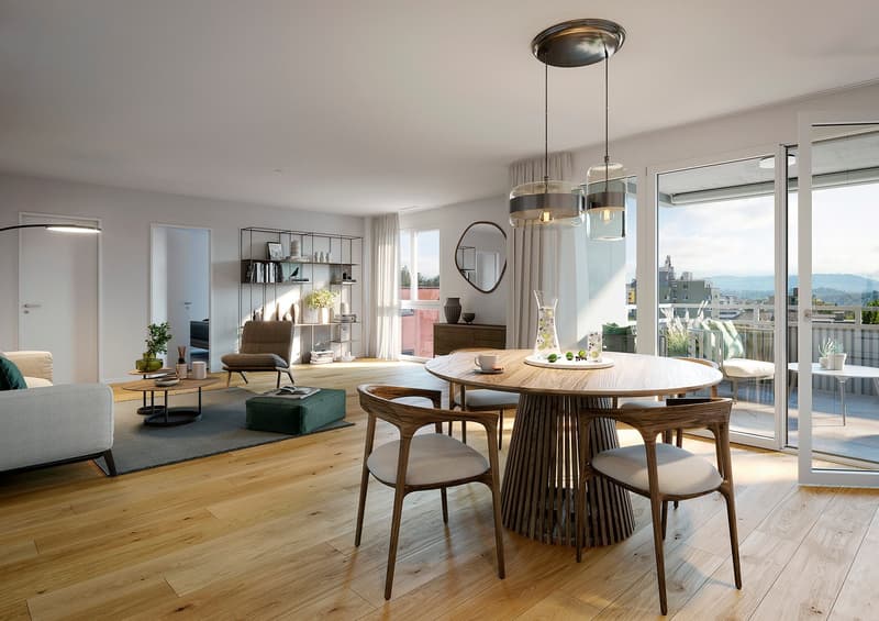 Dining area with round table, chairs, and a balcony with a view of the city