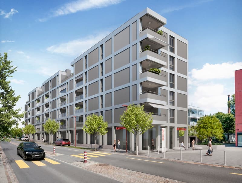 Modern apartment building with multiple floors, balconies, and a ground floor commercial space